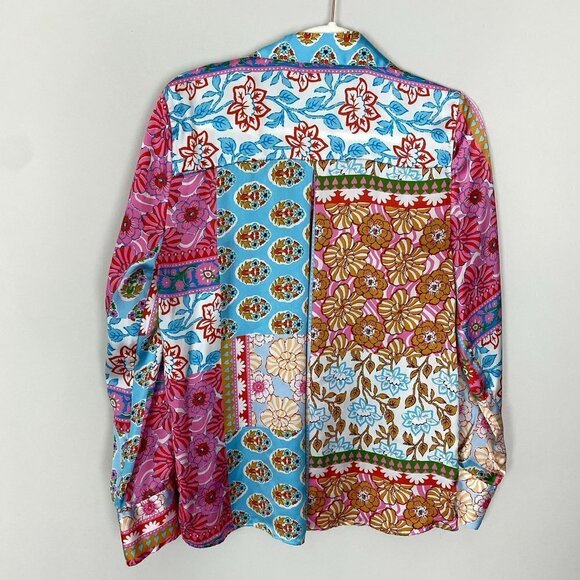 Zara Patchwork Printed Button Up Shirt Long Sleeve Colorful Womens Medium Satin - Picture 10 of 12